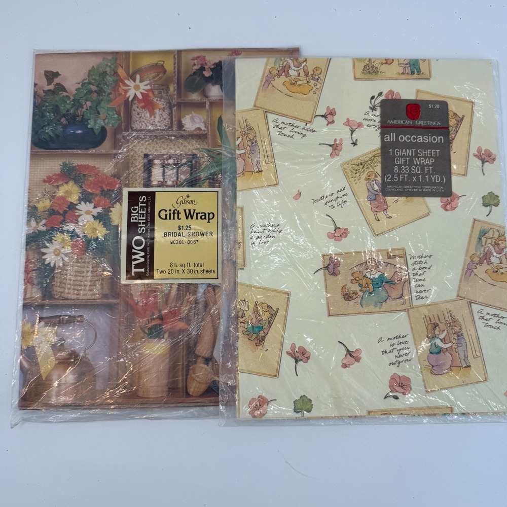 Vintage Wrapping Paper Lot of 2 Giant Sheets Bridal Shower Baby Shower
